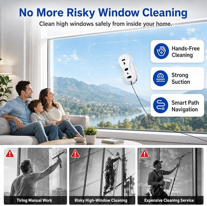 Robotic Window Cleaner with 3-Layer Safety, Smart Z/N Path Navigation, 2800Pa Strong Suction & UPS Anti-Drop, Perfect for High-Rise Windows, Glass Doors, Shower Glass, Gift for Parents