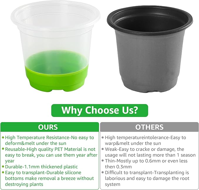 MIXC Thickened Clear Nursery Pots with Silicone Base for Easy Transplant 60 Packs 4 Inch, Transparent Plant Pot Reusable Seedling Pots for Vegetable Propagation, Root Cutting, Seed Starting, Green