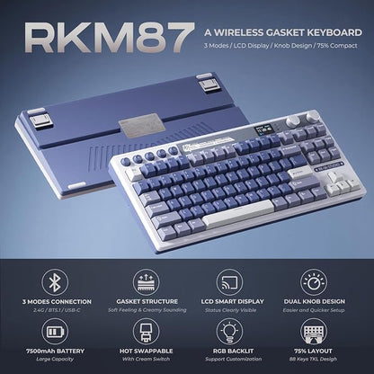 RK ROYAL KLUDGE M87 Wireless Gaming Keyboard with Screen & Dual Knobs, Blue | Bluetooth/2.4G/Wired, Hot Swappable Cream Switches, 5-Layer Noise Dampening Gasket Structure,Compact 75% Size for PC/WIN/Mac