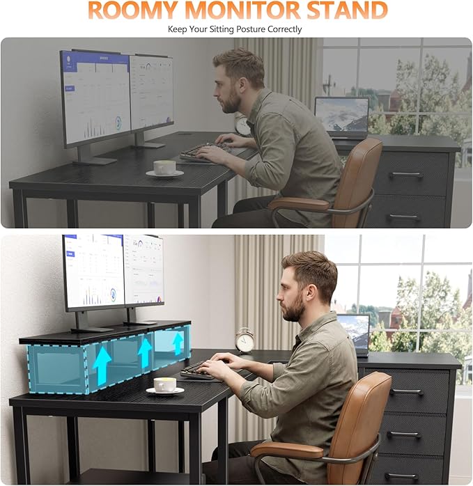 Korfile 59 inch L Shaped Computer Desk with Power Outlets, Black | Ideal for Home Office, Bedroom, Corner, 4 Adjustable Storage Drawers, 2 Monitor Stands, Reversible, Two Person Gaming Table