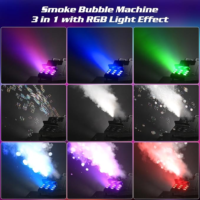 2000W Fog Machine, 3 in 1 Fog Bubble Machine with 2 Bubble Fans, 7 CH RGB 18 LED Lights Smoke Bubble ALL IN 1 Machine, Fog Machine for Party, Wedding, Festival, Birthday, 4 PACK