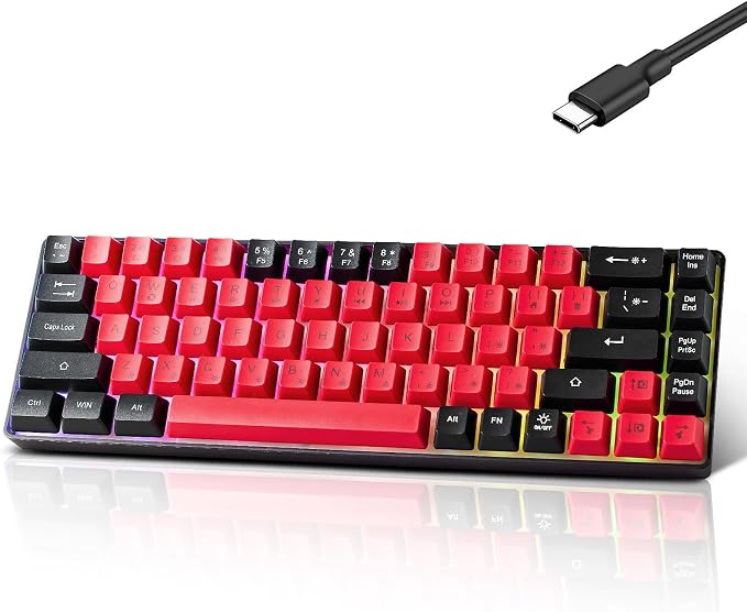 Wired Portable 60% Mechanical Feeling Gaming Keyboard,RGB LED Backlit Compact 68 Keys Mini Wired Office Keyboard for Windows Laptop PC Mac Gamer, Typist, Travel on Business Trip- Red and Black