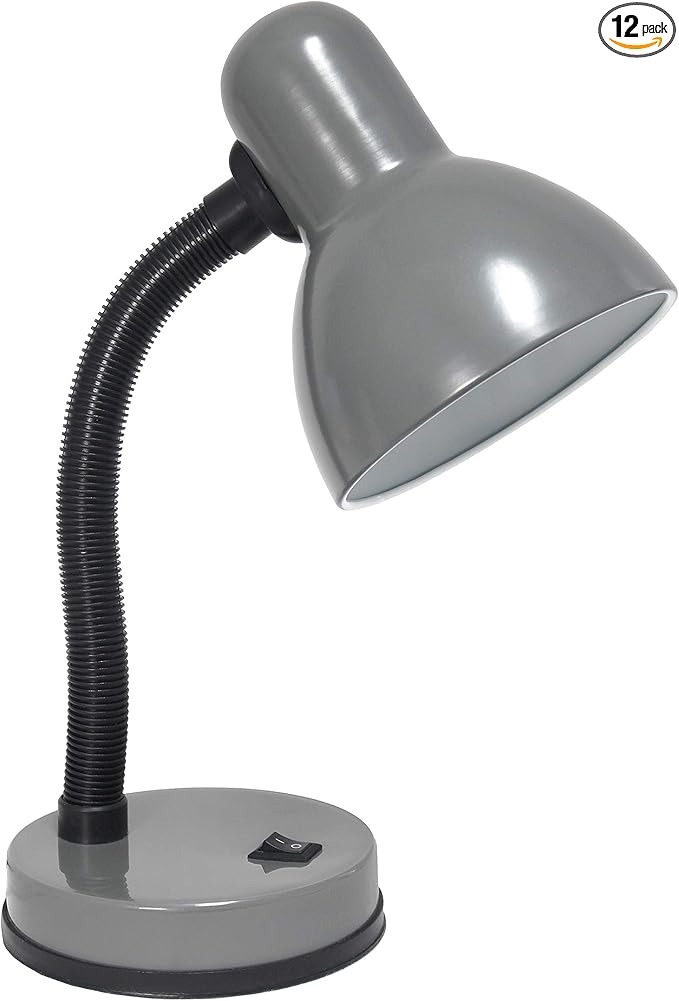 Simple Designs LD1003-GRY-12PK Basic Metal Desk Lamp 12 Pack Set with Flexible Hose Neck for Office, Bedroom, College Dorm, Bookshelf, Gray, 12 Pack