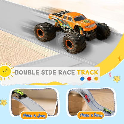 Flexible Race Track for Kids, 16 Ft Flex Race Car Ramp Track with Racing Cars Track Toys Compatible with Diecast 1/64th Hot Wheel Cars Rolls up Portable Car Ramp Toys for Boys and Girls Ages 3+ -