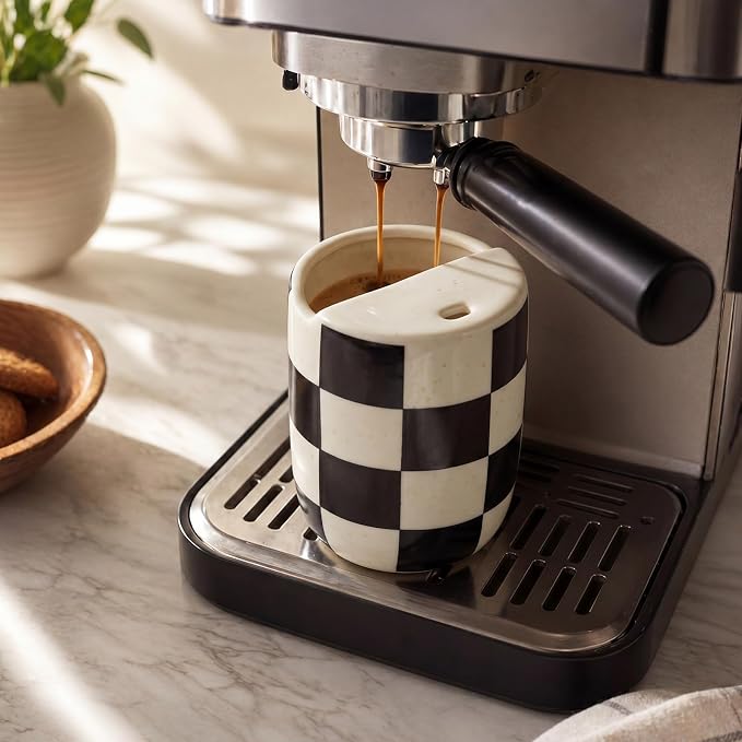 Ceramic Mug with Sip Hole 10 oz Novelty Checkered Coffee Mug | Hand Painted, Ceramic Cup, Heat Resistant, Non Slip, Built in One Lid Handcrafted Mugs for Coffee Lovers