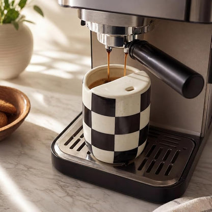 Ceramic Mug with Sip Hole 10 oz Novelty Checkered Coffee Mug | Hand Painted, Ceramic Cup, Heat Resistant, Non Slip, Built in One Lid Handcrafted Mugs for Coffee Lovers