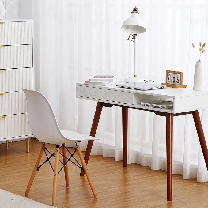 GAOMON Modern Home Office Writing Desk, 42 Inch Computer Table Desk with Drawers, Simple Mid Century Modern Desk, White