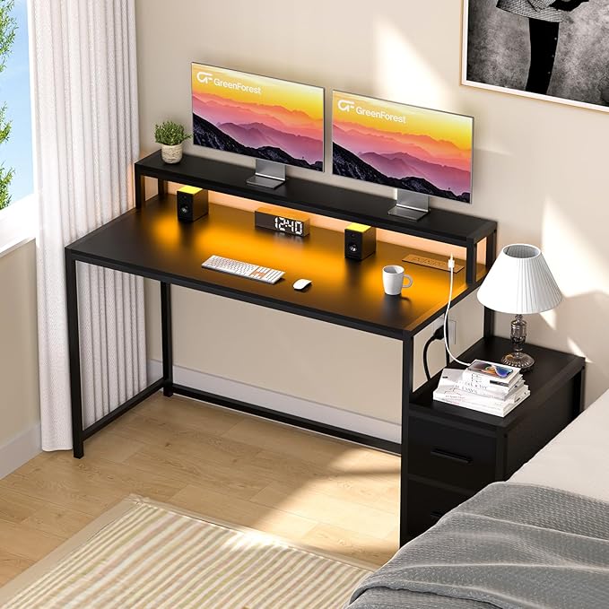 GreenForest Small Desk for Bedroom, 39.4 inch Computer Desk with 2 Drawers, Gaming Desk with LED Light and Power Outlet, Reversible Office Desk with Monitor Stand, Desk for Small Spaces, Black