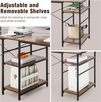 L-Shaped Home Office Desk, Corner Computer Desk w/Monitor Stand, Reversible PC Desk w/Heavy-Duty Metal Frame, Long Office Desk for 2 Person, Space-Saving Design (Rustic Brown)