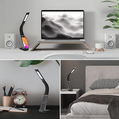 LED Desk Lamp with Wireless Charger, USB Charging Port, Stepless dimmable brightness, Natural Lights, Desk Lamps for Home Office, Table Lamp Eye Caring Reading Light, Gesture Control desk light