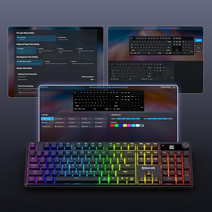 Redragon K526 PRO Wireless RGB Membrane Gaming Keyboard, LED Screen & Knob | See Battery, Mode & Time at a Glance, 0-Delay Tri-Mode, One-Touch Backlit & Media Adjust, 26-Key Anti-Ghost for Combo-Strike