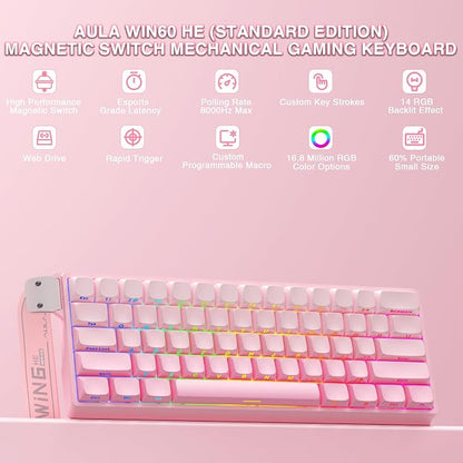 Aula WIN60 HE - 60% Mechanical Gaming Keyboard Wired, Hall Effect Magnetic Switch Hot Swappable,8000 Hz Polling Rate, RGB Keyboard 60 Percent Compact Design for PC (Gradient Pink)