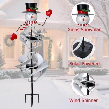 Outdoor Christmas Decorations Snowman Solar Wind Spinner Lighted Christmas Yard Stakes Outdoor Xmas Metal Wind Spinner Stake for Garden Lawn Pathway Party Decoration