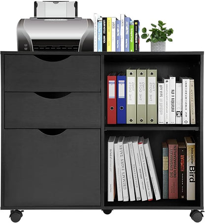 QDSSDECO 3-Drawer with Shelf Wood File Cabinet Mobile Lateral Filing Cabinet, with Rolling Wheel Printer Stand and Open Adjustable Storage Shelves, for Home Office, Black