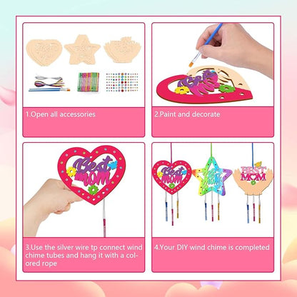 Fennoral 9 Pack MOM Wind Chime Kit for Kids Make You Own Mother's Day Wind Chimes DIY Coloring Mother's Day Wooden Art and Craft for Art Activity Mom's Birthday Decoration Mum Gifts