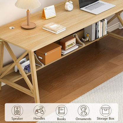 NELYE Extra Long Writing Desk with Bookshelf, 63" Wx24 Dx30 H, Oak | Wooden Home Office Work Study Table, Computer Gaming Workstation with Storage Shelf, Sturdy MDF Resists Wobble