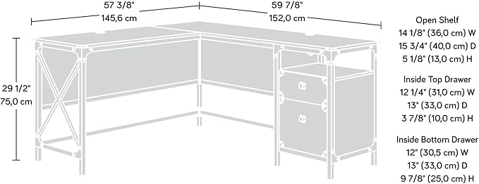 Sauder Steel River L-Shaped Desk, L: 59.84" x W: 57.32" x H: 29.53", Carbon Oak Finish