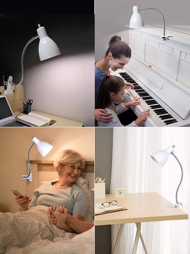 Desk lamp Eye-Caring Table Lamps, 360°Rotation Gooseneck Clip on Lamp Reading Light Portable Reading Book Light, Clamp Light, Study Desk Lamps for Bedroom and Office Home Lighting (White)