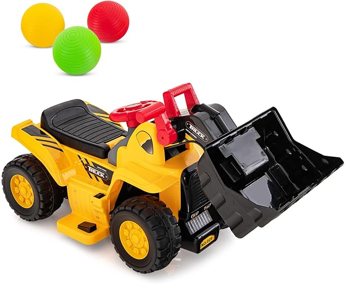 HONEY JOY Electric Ride on Push Car, 6V Toddler Bulldozer Digger w/Balls & Basketball Hoop, Outdoor Digging Scoop, Flexible Bucket, Ride on Excavator Construction Vehicle for Kids