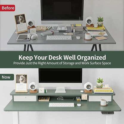 FEZIBO 60 x 24 Inch Height Adjustable Electric Standing Desk with Double Drawer, Stand Up Desk with Storage Shelf, Sit Stand Desk, Green