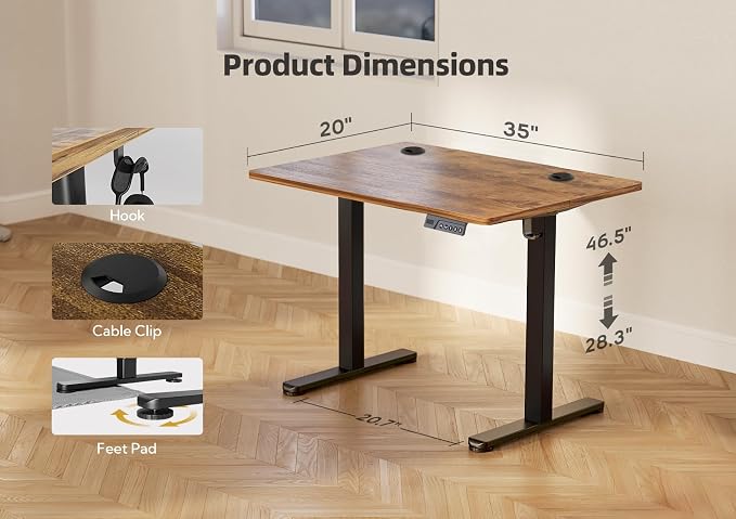 YDN 35 x 20 Inch Rustic Brown Electric Standing Desk | Adjustable Height, Sit Stand, Cable Management, Ergonomic, Home Office