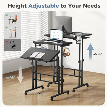 DUMOS Rolling Standing Desk, Sit Stand Desk, Computer Cart | 23.6 Inch Width, Height Adjustable, Split Top, Mobile Laptop Workstation, Office Table, Portable Design, Black