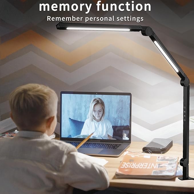 LED Desk Lamp with Clamp Flexible 3 Sections Swing Arm 2 Light Sources Desk Light, 4 Color Modes & 5 Brightness, Eye Caring Led Table Light with Memory Function for Table Lamps for Office