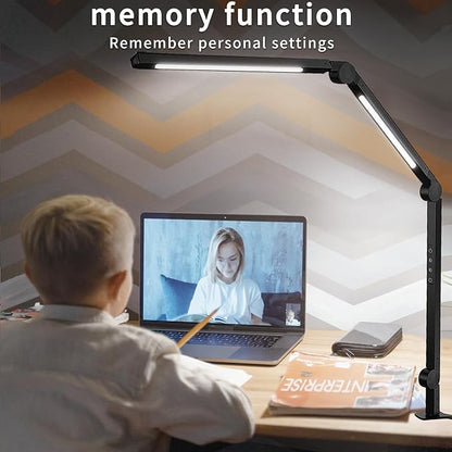 LED Desk Lamp with Clamp Flexible 3 Sections Swing Arm 2 Light Sources Desk Light, 4 Color Modes & 5 Brightness, Eye Caring Led Table Light with Memory Function for Table Lamps for Office