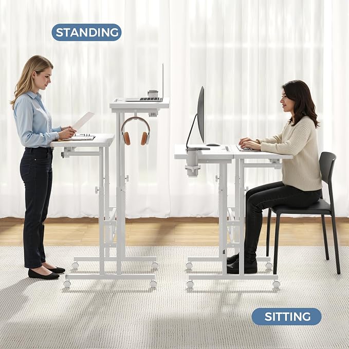 DUMOS Rolling Standing Desk, Sit Stand Desk, Computer Cart | Manual Height Adjustable, Split Top Mobile, Laptop Workstation, Portable Home Office, Walking Pad Study Surface, White