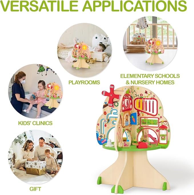 Monläurd® Montessori Wooden Tree Activity Center, Sensory Table & Busy Board for Toddlers 1-3, 4-Season Learning Activity Cube for Playroom & Daycare