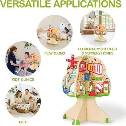 Monläurd® Montessori Wooden Tree Activity Center, Sensory Table & Busy Board for Toddlers 1-3, 4-Season Learning Activity Cube for Playroom & Daycare