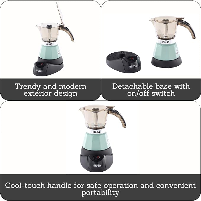 IMUSA 3 or 2 Cup Electric Espresso Maker with Cool-touch Handle, Mint | Polished Aluminum Finish, Keep Warm Function with Detachable Base, Brews Cuban and Italian Style, Perfect for Small Spaces