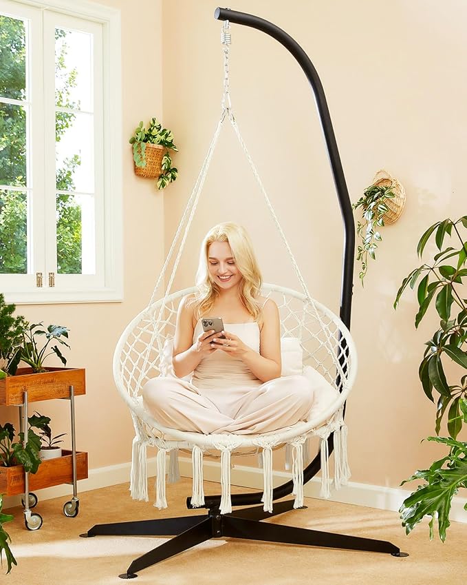 Greenstell Hammock Chair, Macrame Swing Chair with Comfy Cushion, Boho Hanging Chair for Outdoor & Indoor, Perfect for Bedroom, Patio, Balcony, Hold up to 350Lbs, White