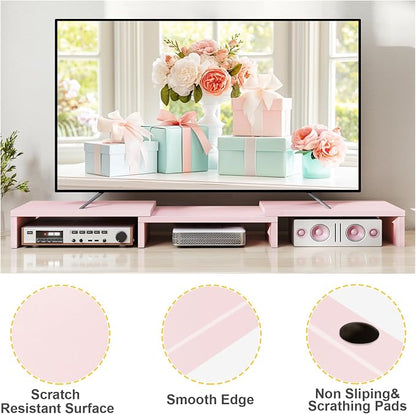 TAVR Dual Monitor Stand Riser, Wooden Computer Monitor Stand for 2 Monitors | Extra Long Multifunctional Desktop Organizer Riser for TV, PC Monitor, Laptop, Printer, Max 43.3" Length, Pink