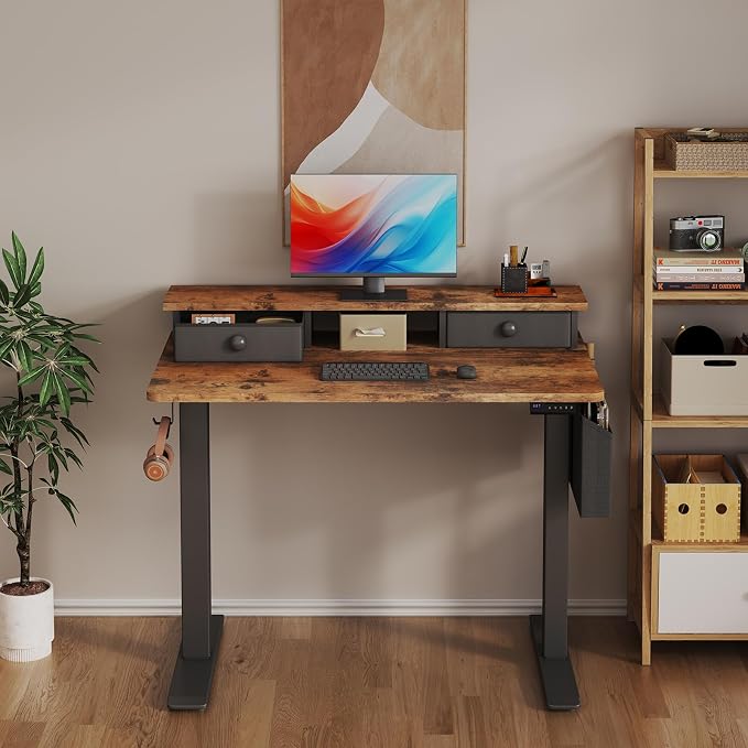 Electric Standing Desk Adjustable Height - 40 Inch Sit Stand Desk with Storage Drawers , Small Standing Desks with Shelf Monitor Stand, Kids Girls Computer Desks for Bedroom Home Office, Rustic Brown
