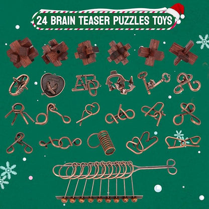 Advent Calendar 2025, Christmas Countdown Calendar Gift Box with 24 Brain Teaser Puzzles, 24 Days Metal & Wood Brain Teaser Puzzles Xmas Countdown Calendar Challenge for Adults Teens Boys Girls