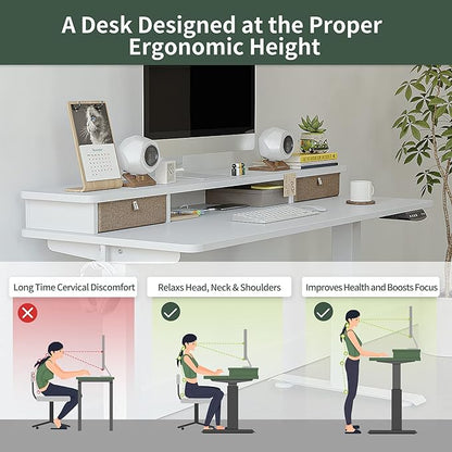 FEZIBO 55 x 24 Inch Height Adjustable Electric Standing Desk with Double Drawer, Stand Up Desk with Storage Shelf, Sit Stand Desk, White