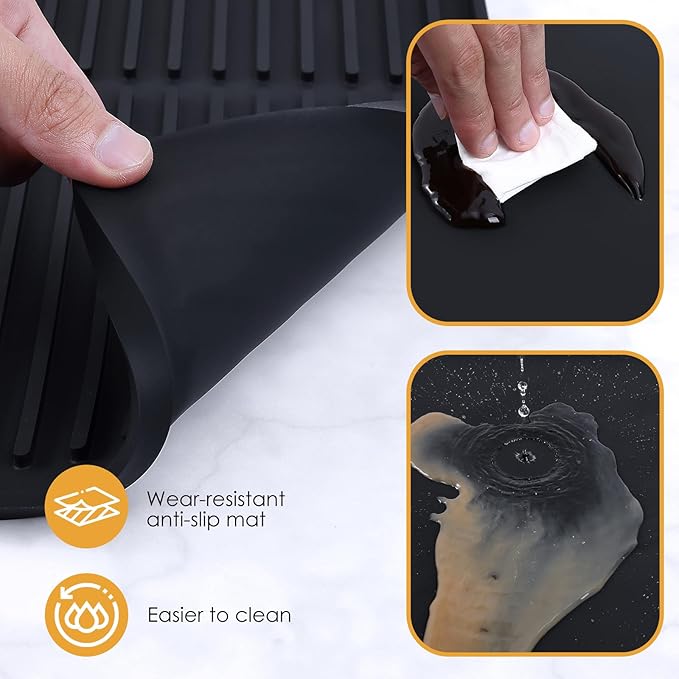 Silicone Coffee Mat with Raised Edges, , 24'' x 16'', Bar Mat for Countertops, Bar Accessories, Coffee Maker Mat, Espresso Machine, Dish Drying Mat (BLACK)