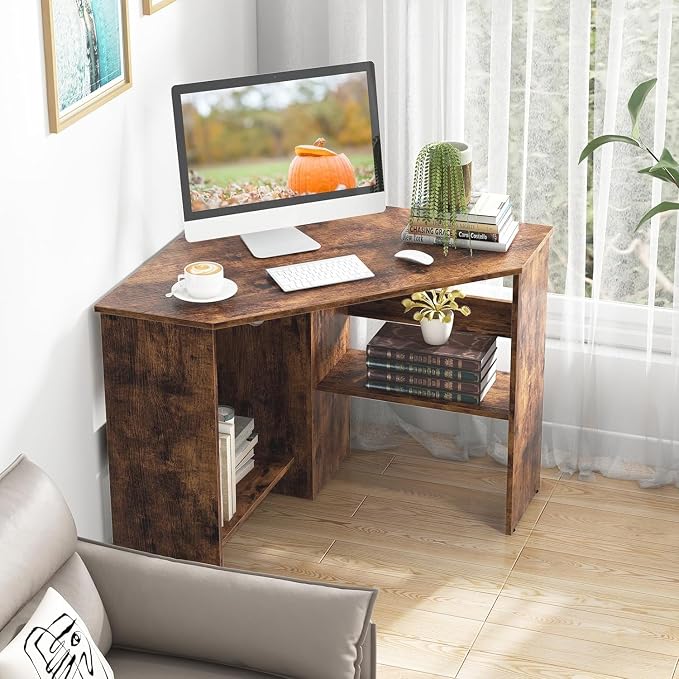 GOFLAME Corner Desk with Storage Shelves, Triangular Computer Desk with Cable Management Holes, Laptop Workstation for Small Space, Makeup Vanity Desk for Living Room, Study, Rustic Brown