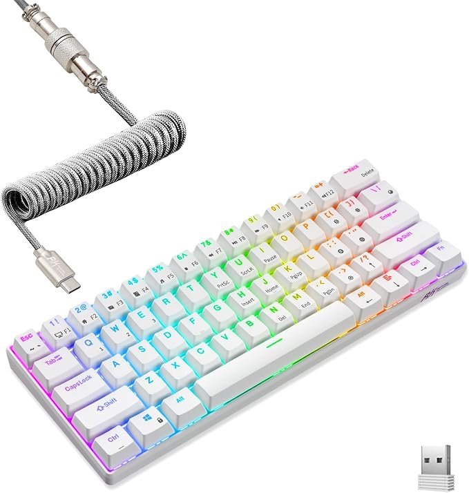 RK ROYAL KLUDGE RK61 Wireless Mechanical Keyboard, 60% Percent RGB, White | Hot Swappable Gaming Keyboard with Bluetooth/2.4G/USB, 61 Keys Ultra-Compact for Win/Mac/PC, Coiled Cable, Linear Red Switch