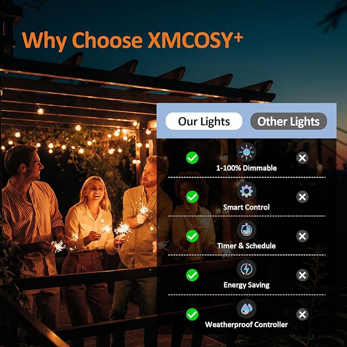 XMCOSY+ Patio Lights, Smart 50Ft Outdoor String Lights with 25 Dimmable G40 Globe Bulbs, APP Control, Work with Alexa, Connectable Waterproof LED Outdoor Light