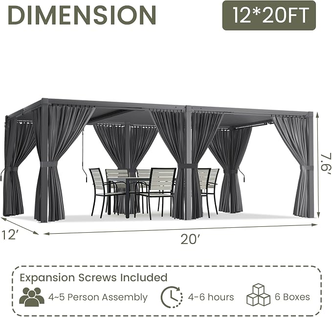 Louvered Pergola 12' x 20' with Waterproof Curtains, Large Outdoor Aluminum Pergola with Reinforced Steel Roof, Heavy-Duty Hardtop Gazebo, Privacy Shaded Shelter, Gray