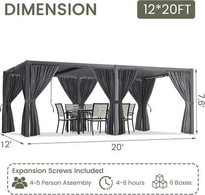Louvered Pergola 12' x 20' with Waterproof Curtains, Large Outdoor Aluminum Pergola with Reinforced Steel Roof, Heavy-Duty Hardtop Gazebo, Privacy Shaded Shelter, Gray