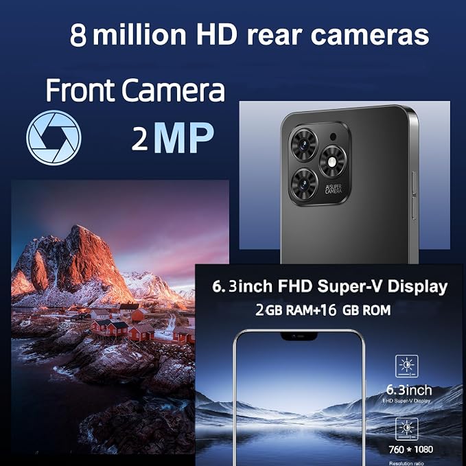 Unlock Phone, 4G Network Android Phone, 6.3-inch Screen, 2GB RAM+16GB ROM/TF 128GB, Dual SIM Cards, Dual Cameras, Suitable for Novice Users (83dark)