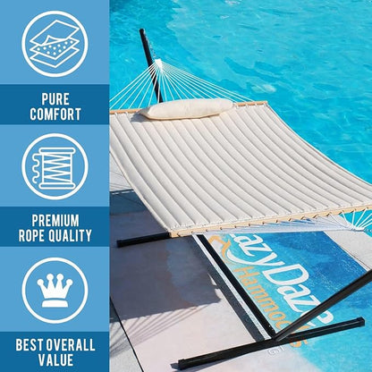Lazy Daze Hammocks 12 FT Double Quilted Fabric Hammock with Spreader Bar and Detachable Pillow, 2 Person Hammock for Outdoor Patio Backyard Poolside, 450lbs Weight Capacity, Natural