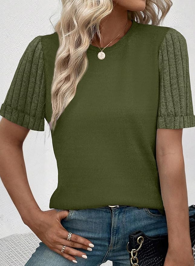 SHEWIN Women's Short Sleeve Summer Tops Crewneck Knit Solid Loose Casual Basic T Shirts Tee Blouses