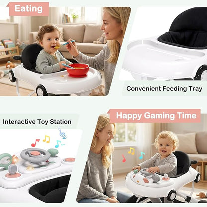 5-in-1 Convertible Baby Walker with Steering Wheel Music Activity Center – Infant Rocker, Jumper, Push Walker, Bouncer & Feeding Foldable Walker for Ages 6-18 Months Boys Girls (Black)