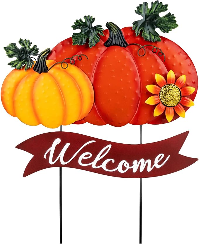 Fall Decorations for Home Outdoor - 21.2" Metal Pumpkin Yard Stakes with 2-Pumpkin Welcome Sign & Glitter Sunflower - Decorative Garden Stakes for Outside Garden Yard Lawn Patio Porch Decor