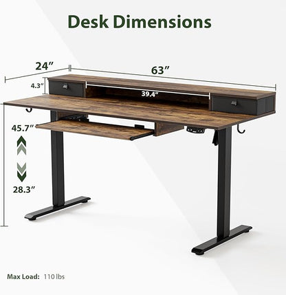Electric Standing Desk with 2 Drawers and Keyboard Tray, 63 x 24 Inches Ergonomic Adjustable Height Desk with Storage, Sit Stand up Desk Computer Workstation, Rustic Brown