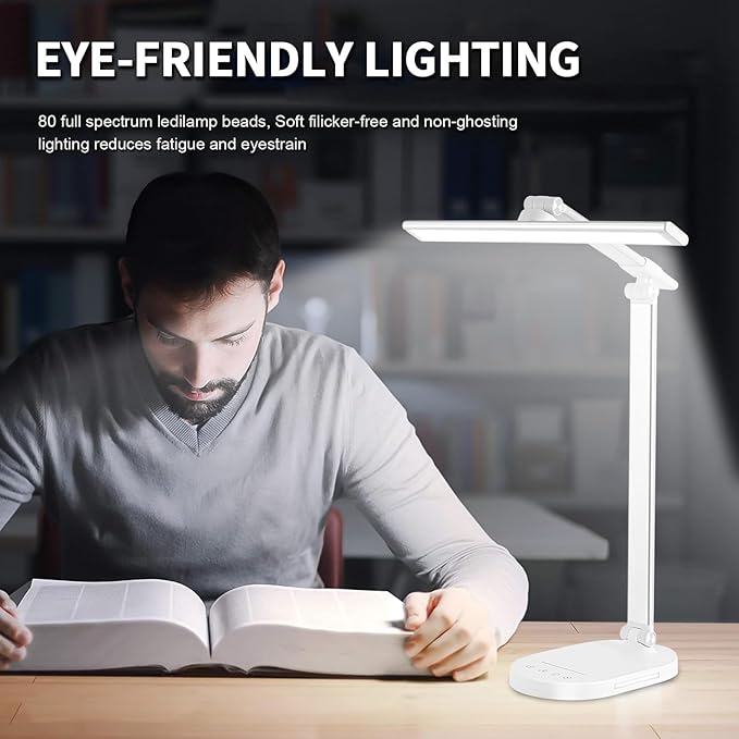 LED Desk Lamp, Dimmable Table Lamp Reading Lamp with USB Charging Port,5 Lighting Modes, Sensitive Control, 60 Minutes Auto-Off Timer, Eye-Caring Office Lamp(White)